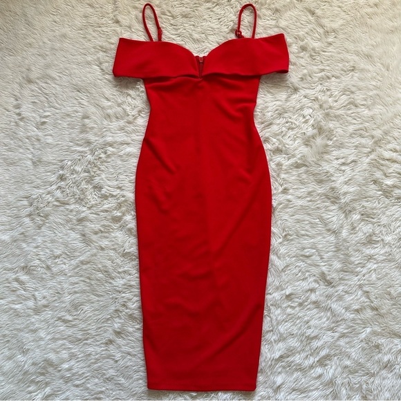 Nookie Dress Pretty Woman Midi Off The Shoulder Bodycon in Cherry Red S - Picture 3 of 11